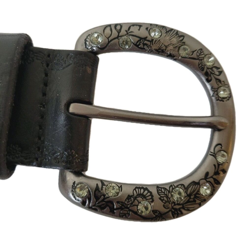 Vtg Boho Fossil Leather Black Embossed Bejeweled Buckle Women Belt Sz L - Picture 4 of 11
